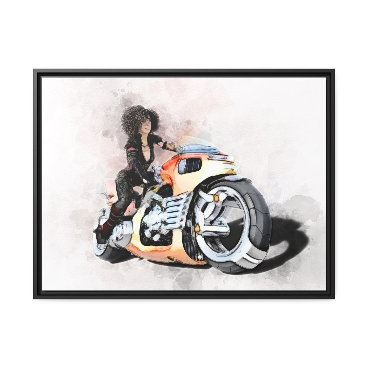 Woman Motorcycle Matte Canvas, Black Frame
