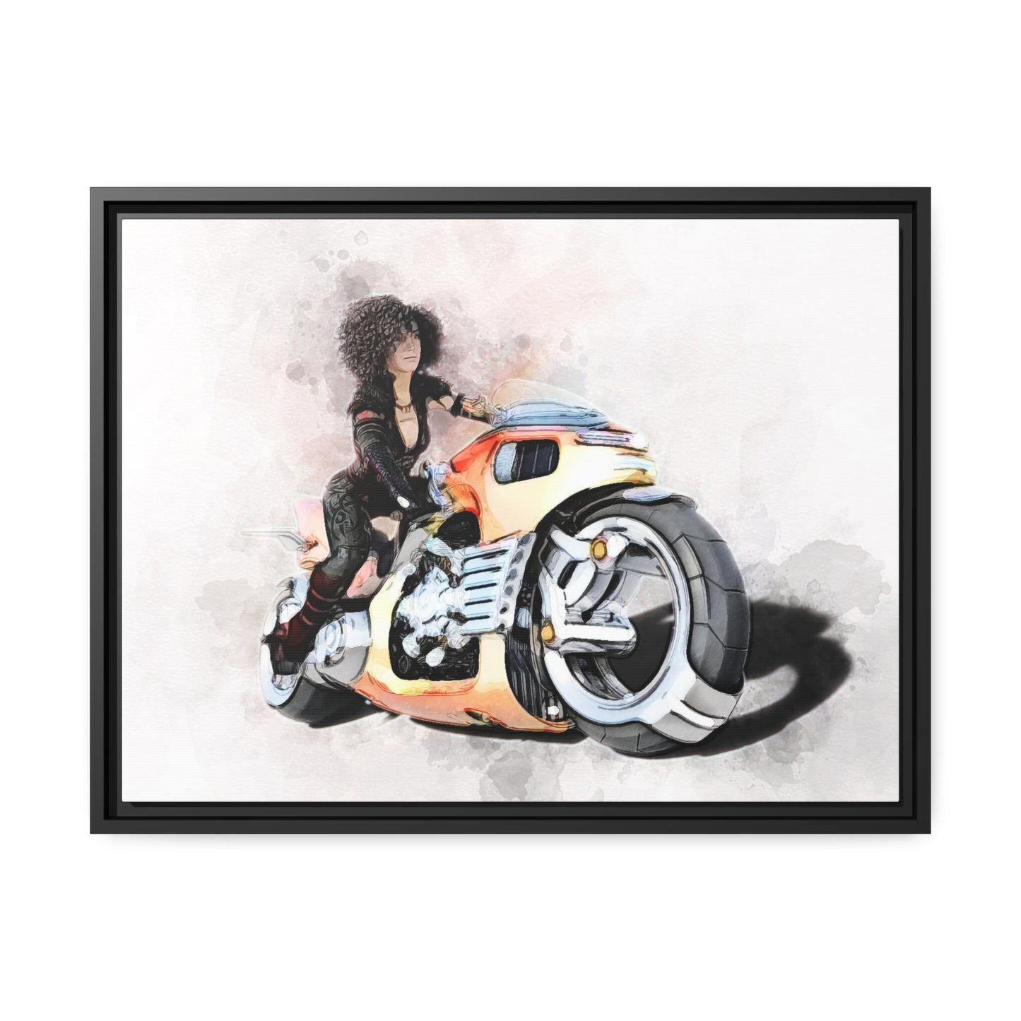 Woman Motorcycle Matte Canvas, Black Frame