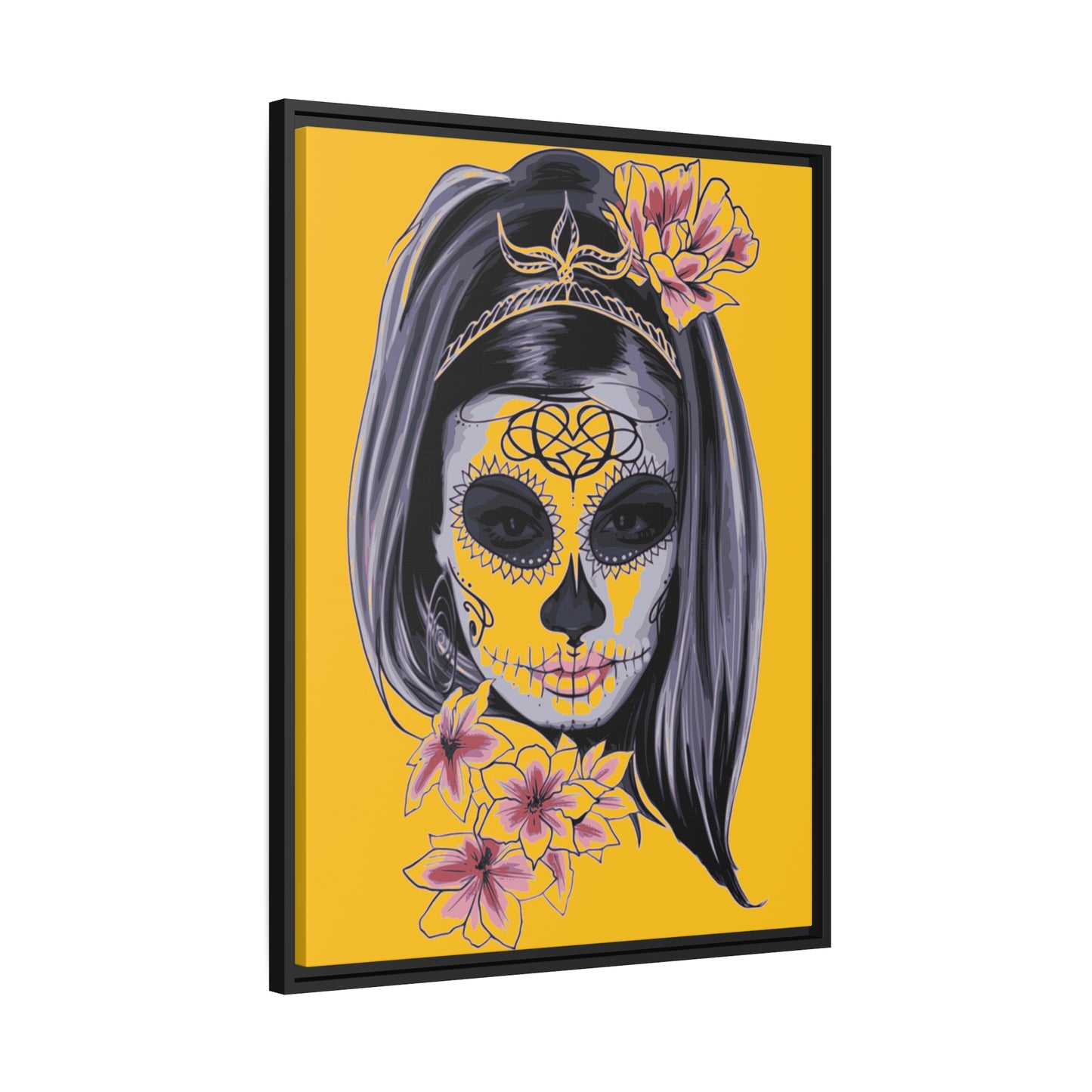 Lady Dead Mask Yellow Matte Canvas, Black Frame