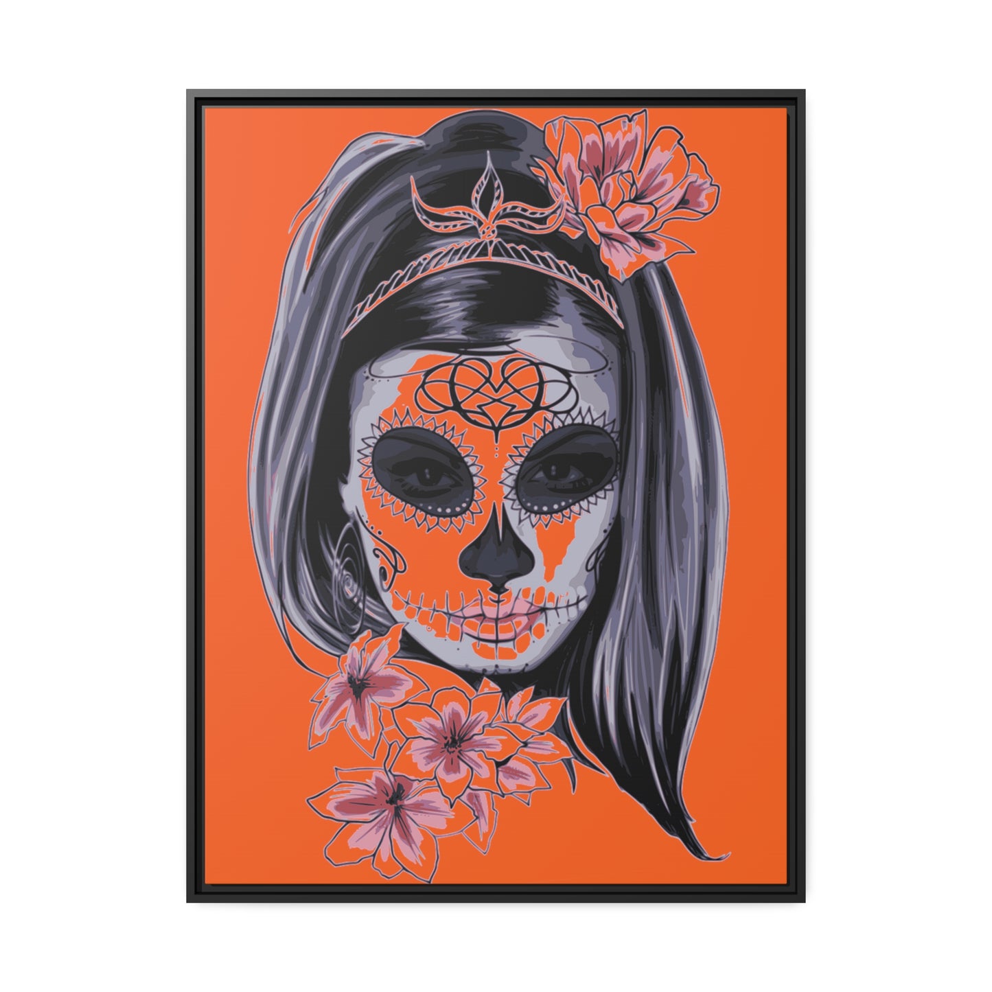 Lady Dead Mask Orange Matte Canvas, Black Frame