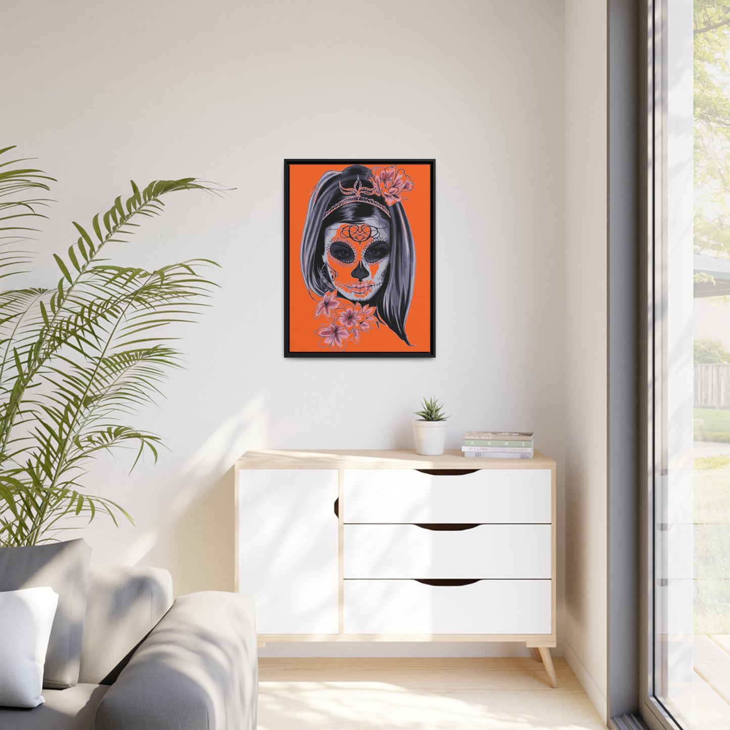 Lady Dead Mask Orange Matte Canvas, Black Frame