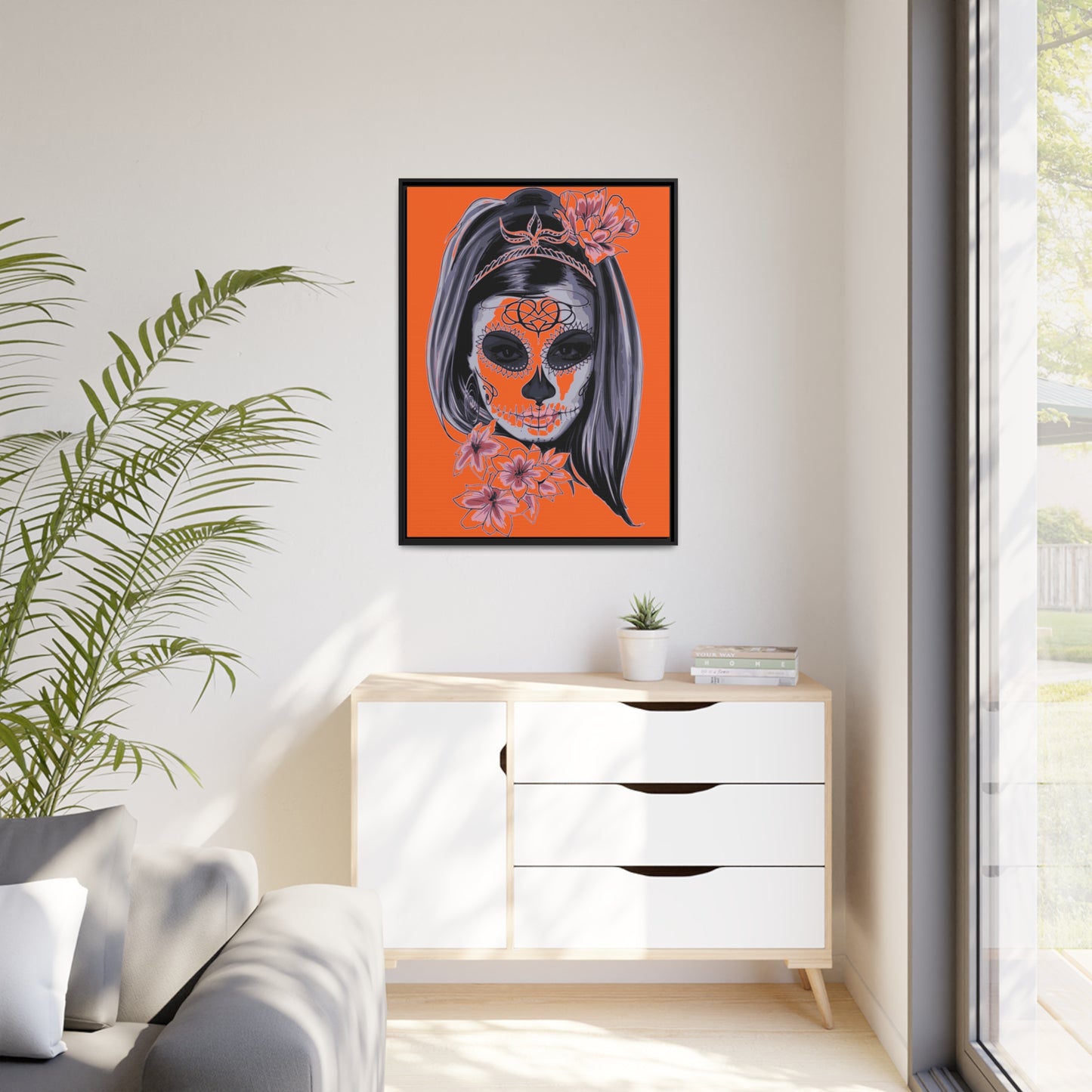 Lady Dead Mask Orange Matte Canvas, Black Frame