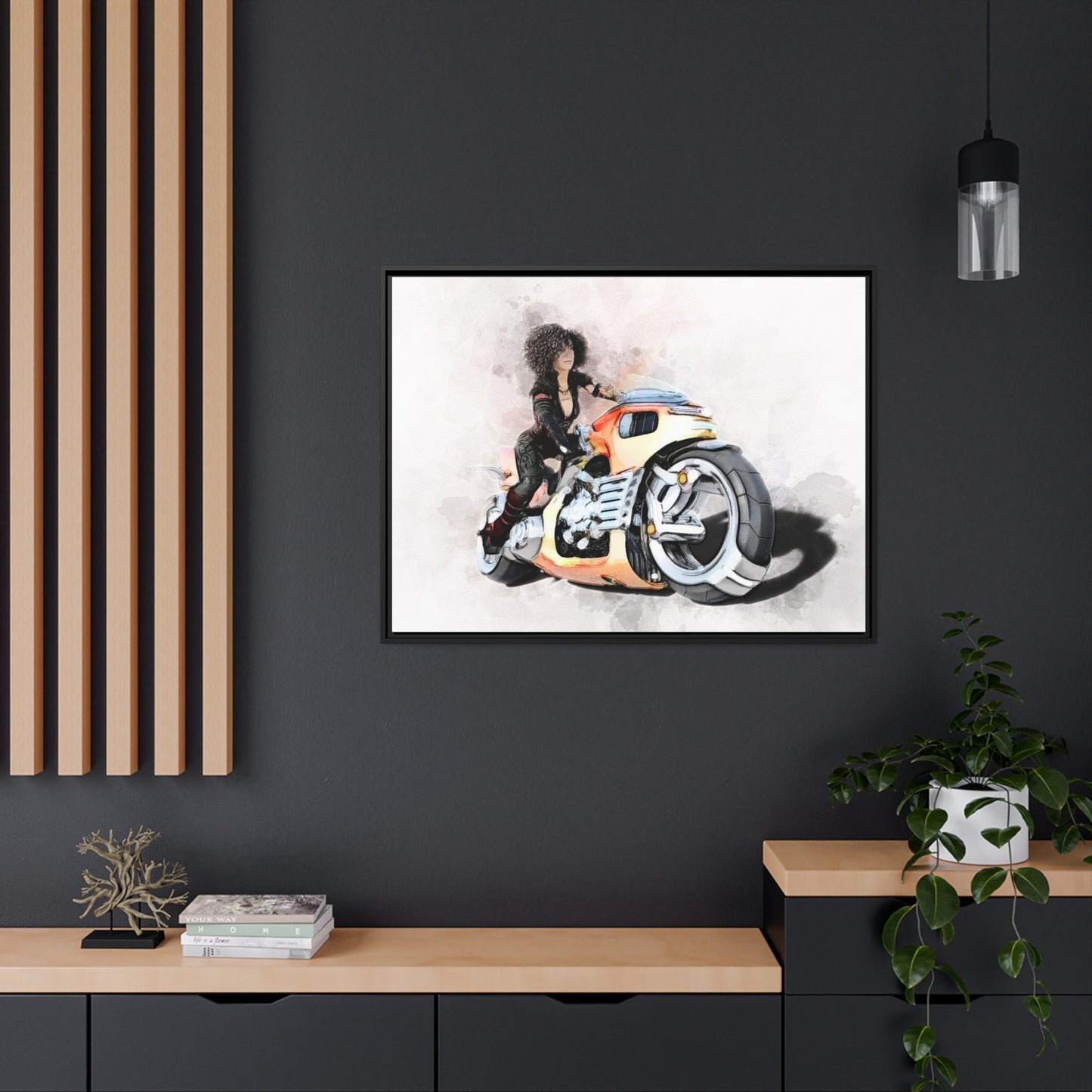 Woman Motorcycle Matte Canvas, Black Frame