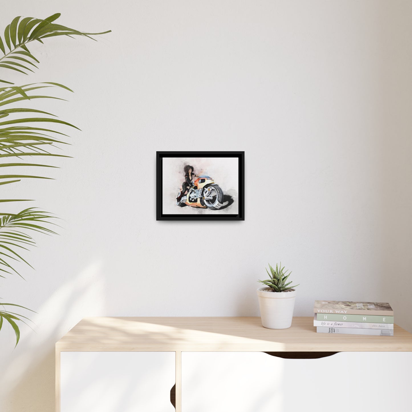 Woman Motorcycle Matte Canvas, Black Frame