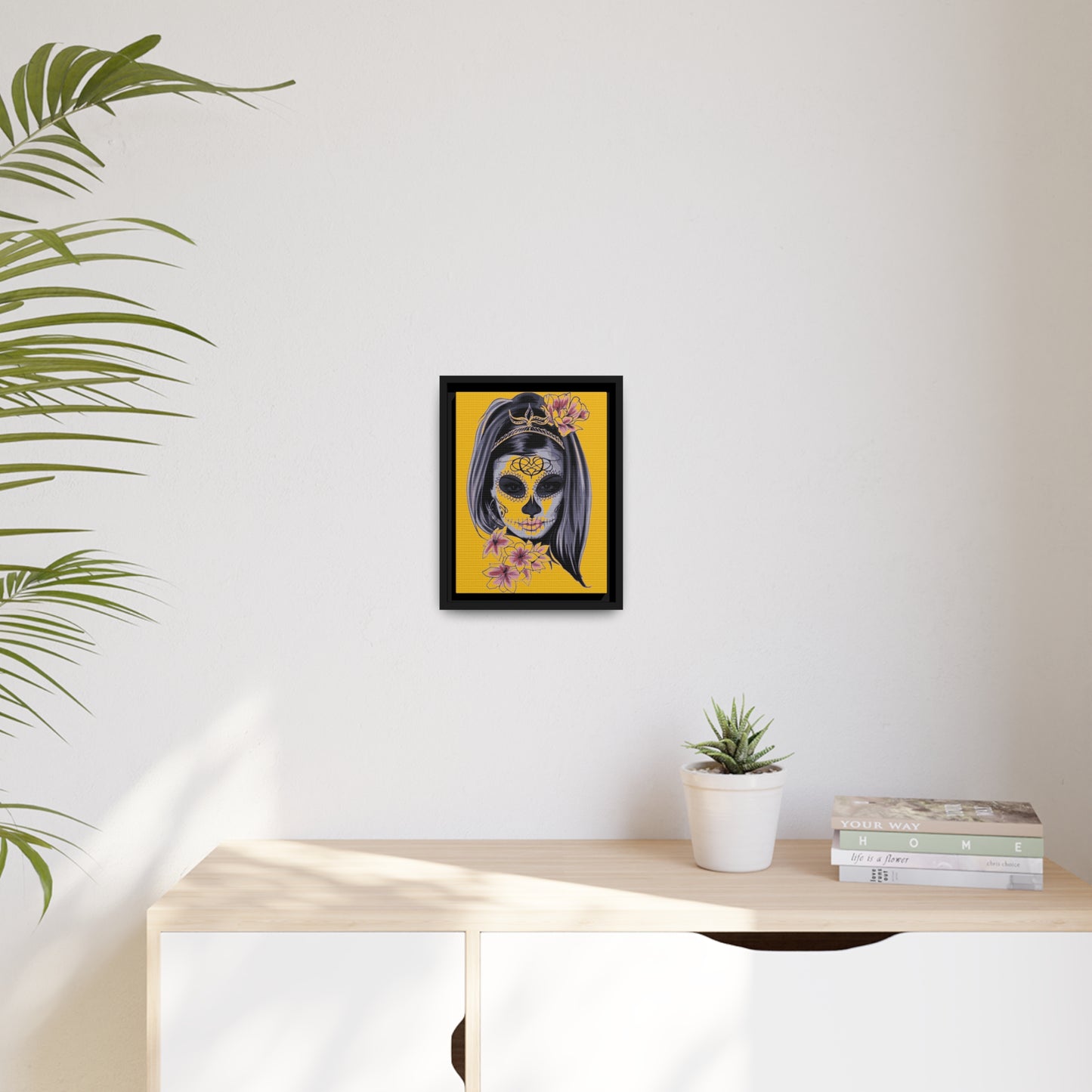Lady Dead Mask Yellow Matte Canvas, Black Frame