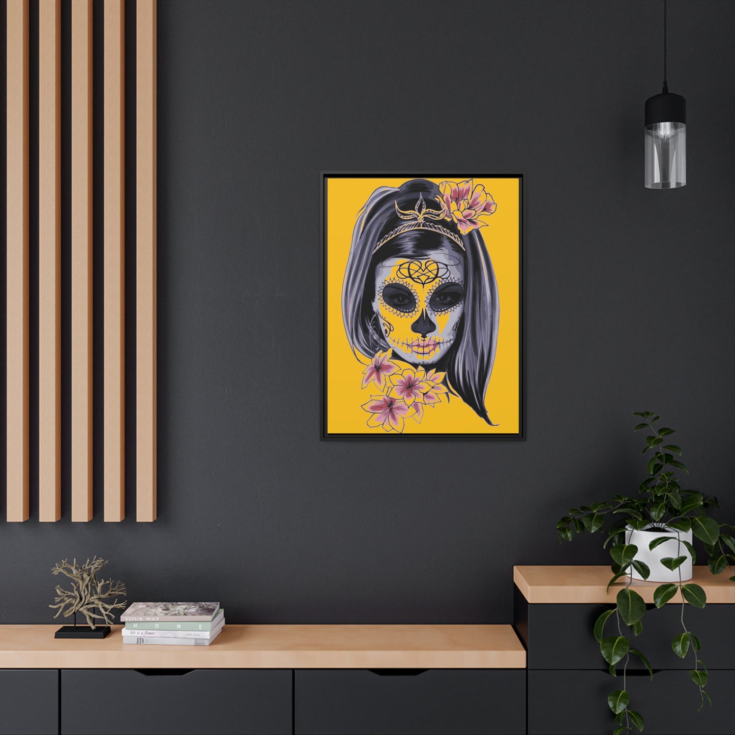 Lady Dead Mask Yellow Matte Canvas, Black Frame