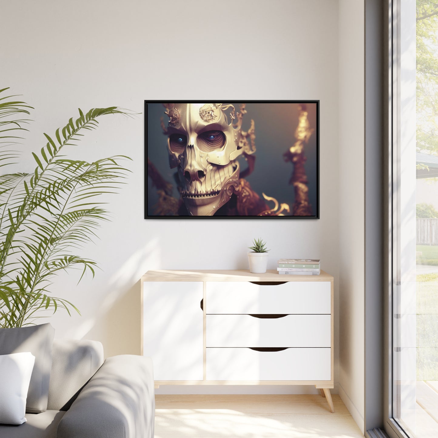 Skull AI Gen Matte Canvas, Black Frame