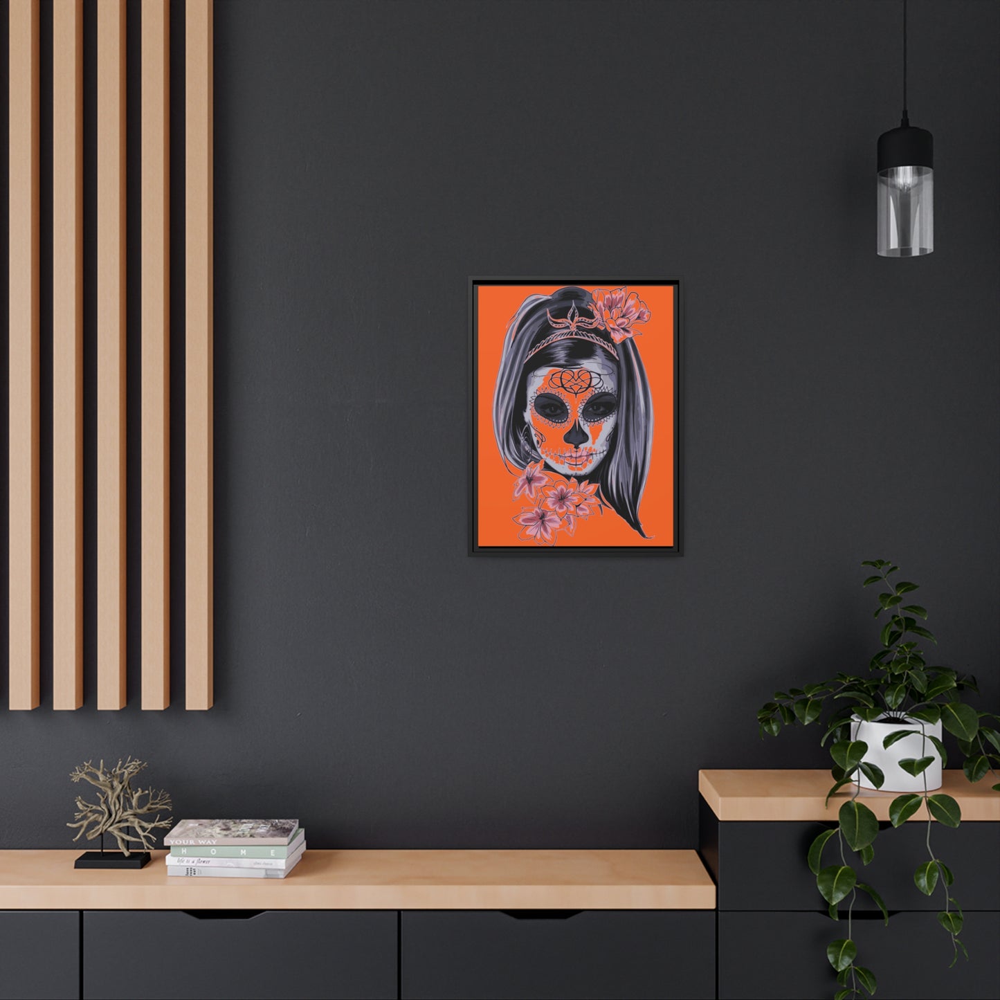 Lady Dead Mask Orange Matte Canvas, Black Frame