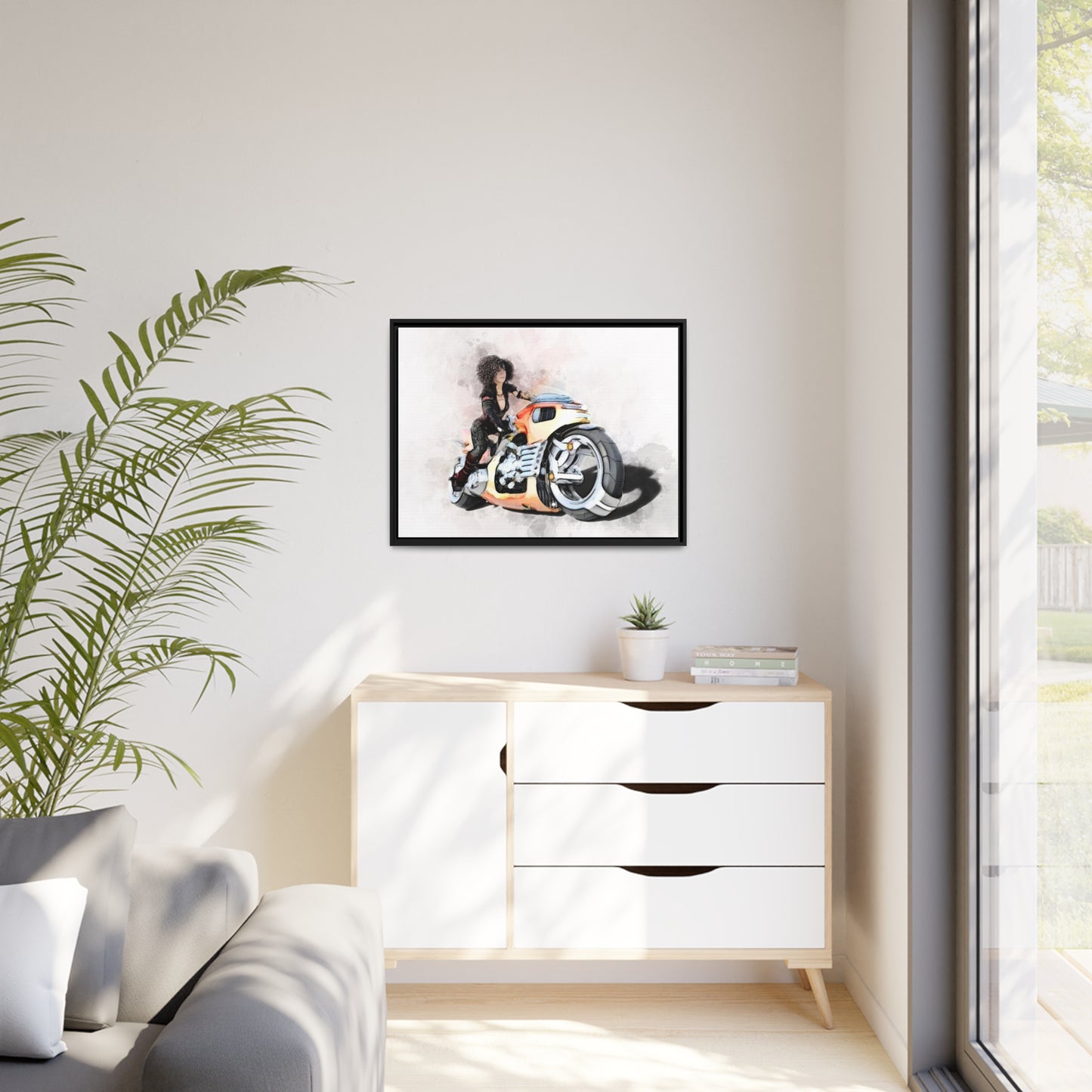 Woman Motorcycle Matte Canvas, Black Frame