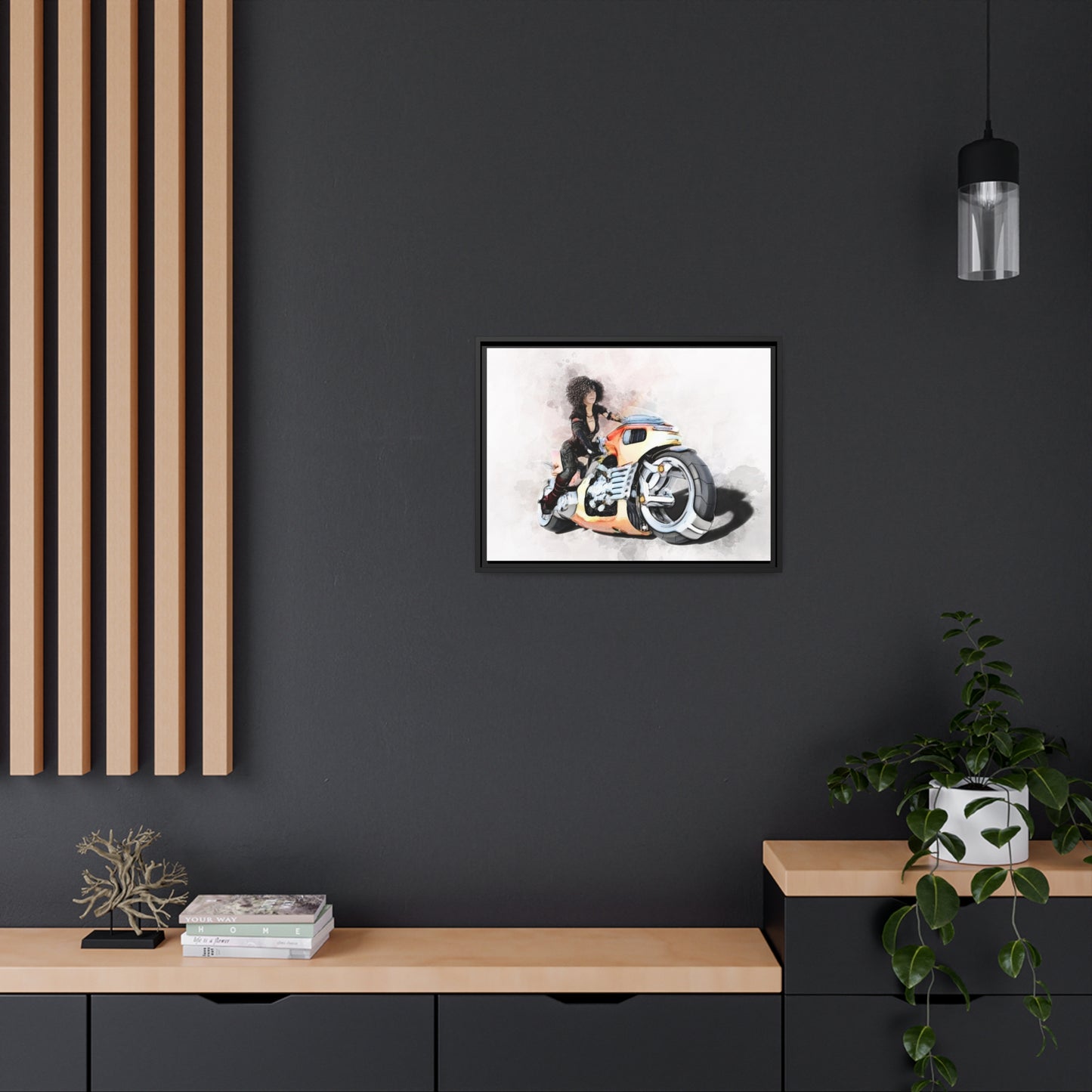 Woman Motorcycle Matte Canvas, Black Frame