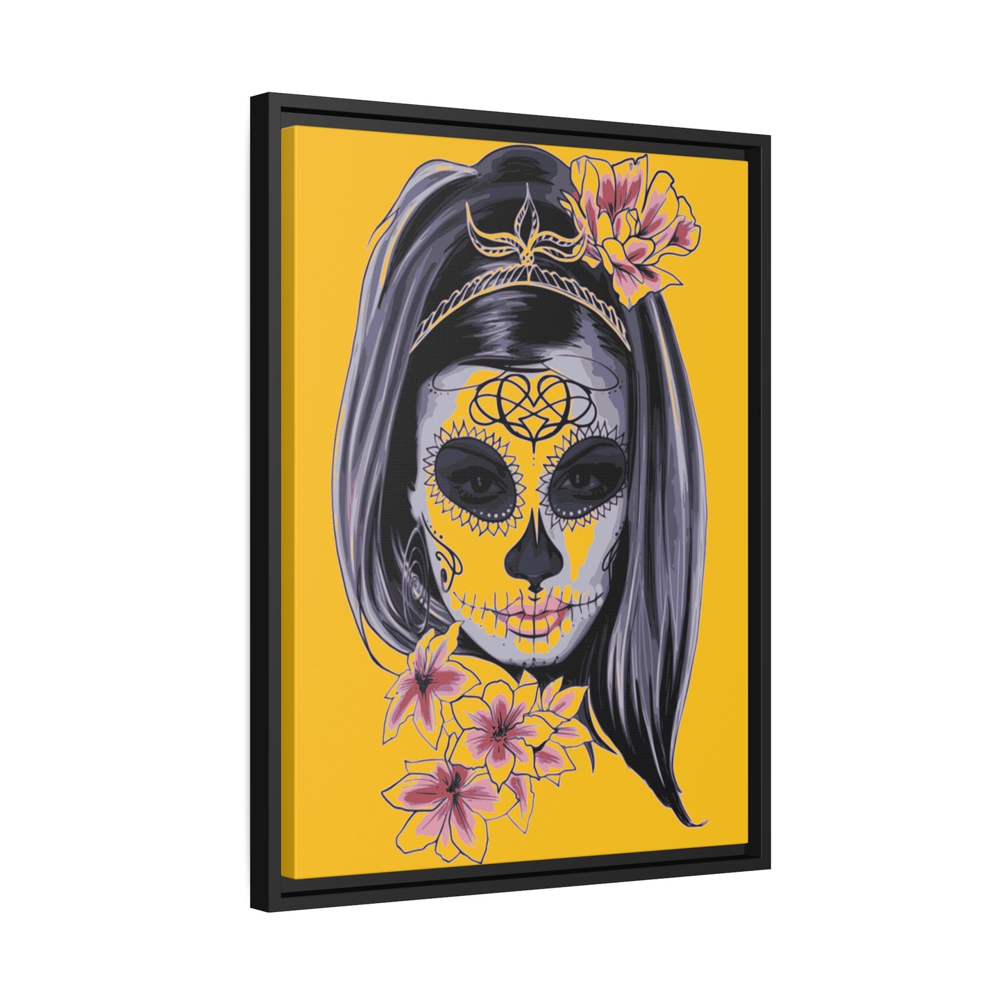 Lady Dead Mask Yellow Matte Canvas, Black Frame
