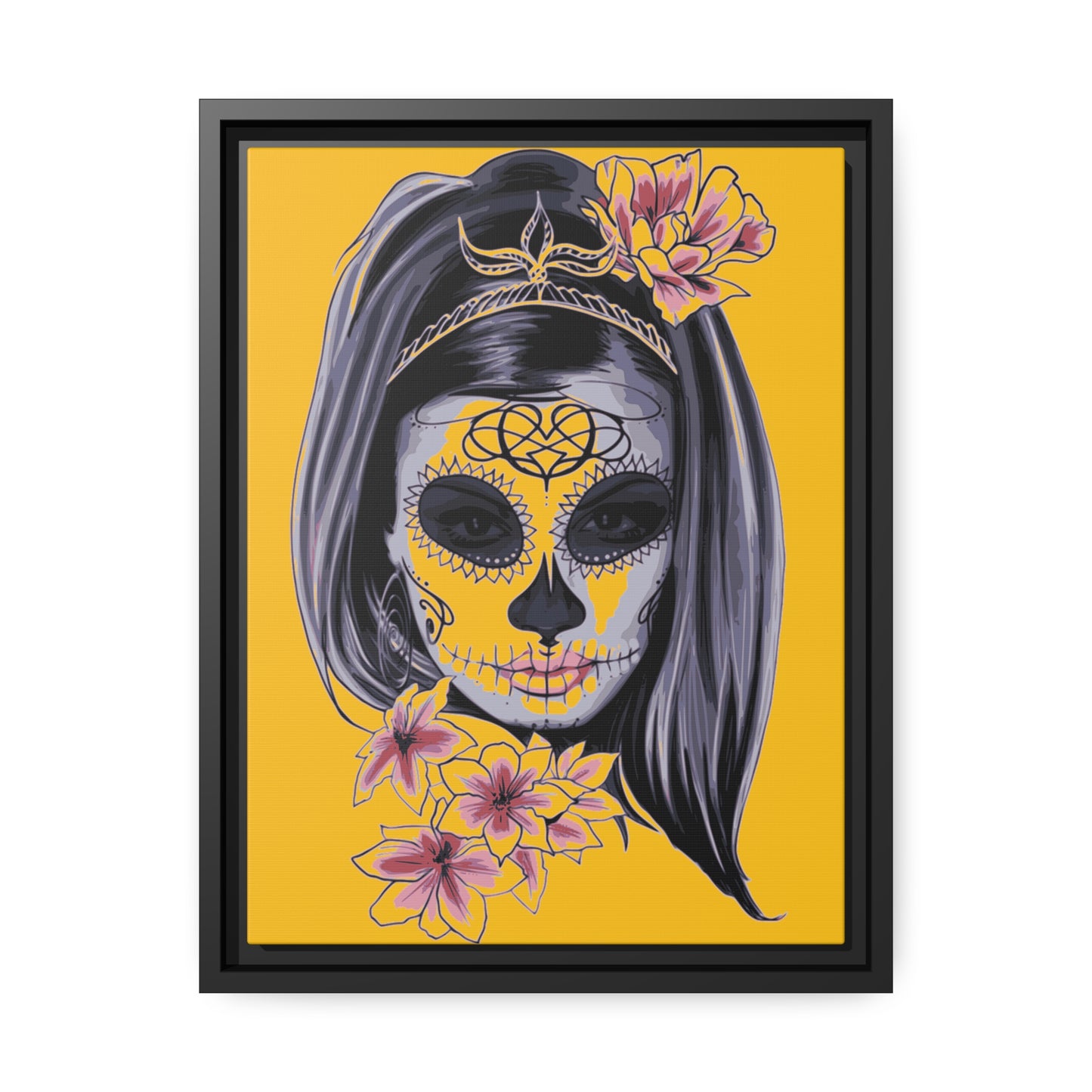 Lady Dead Mask Yellow Matte Canvas, Black Frame